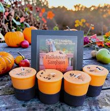 Load image into Gallery viewer, Halloween Samhain Ancestor Night Soy Votive Candles Layered Cinnamon Orange Pear &amp; Basil Patchouli w/Obsidian ~ Box of 4