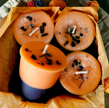 Load image into Gallery viewer, Halloween Samhain Ancestor Night Soy Votive Candles Layered Cinnamon Orange Pear &amp; Basil Patchouli w/Obsidian ~ Box of 4