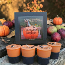Load image into Gallery viewer, Halloween Samhain Ancestor Night Soy Votive Candles Layered Cinnamon Orange Pear &amp; Basil Patchouli w/Obsidian ~ Box of 4