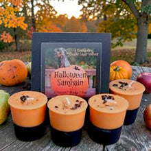 Load image into Gallery viewer, Halloween Samhain Ancestor Night Soy Votive Candles Layered Cinnamon Orange Pear &amp; Basil Patchouli w/Obsidian ~ Box of 4