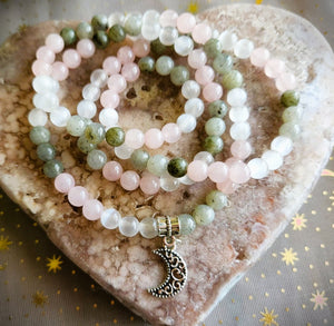 Labradorite Selenite & Rose Quartz Mala Prayer Beads w/Crescent Moon Charm
