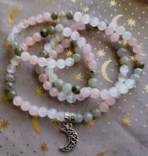Load image into Gallery viewer, Labradorite Selenite &amp; Rose Quartz Mala Prayer Beads w/Crescent Moon Charm