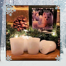 Load image into Gallery viewer, Winter Solstice Box of 4 Votive Candles Return of the Light Yule Christmas~ Butter Mint Scent~Natural Essential Oils Peppermint Vanilla Bean