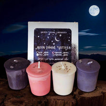 Load image into Gallery viewer, Moon Phase Soy Candles Box of 4 Votives or Tealights with Moonstone Gems &amp; Herbs New Waxing Full Waning