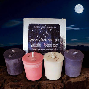 Moon Phase Soy Candles Box of 4 Votives or Tealights with Moonstone Gems & Herbs New Waxing Full Waning