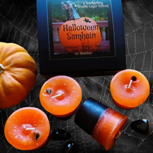 Load image into Gallery viewer, Halloween Samhain Ancestor Night Votive Candles Layered Cinnamon Orange Pear &amp; Basil Patchouli w/Obsidian ~ Box of 4