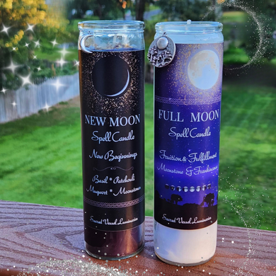 Moon Ritual Spell Candles New or Full with Moonstones, Essential Oil & Herbs | Lunar Manifestation Magic for Esbat, Wiccan Druid Witch Altar