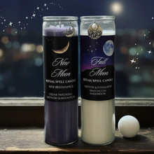 Load image into Gallery viewer, New Moon &amp; Full Moon Ritual Spell Candles w/Moonstones, Mugwort, Patchouli/ Cedar or Frankincense and Rosemary, Coconut Soy