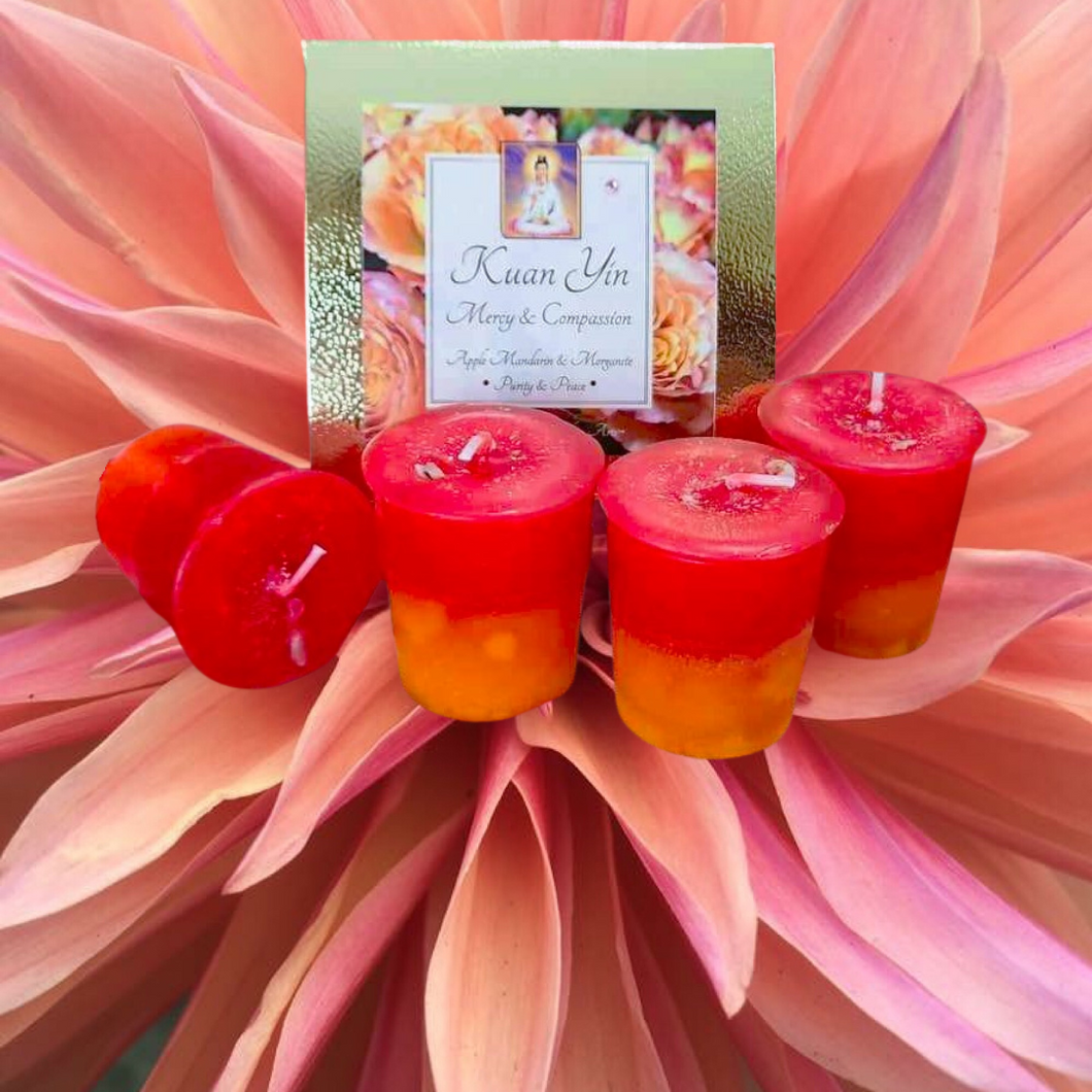 KUAN YIN Box of 4 Votive Candles ~2 Layer Apple Mandarin ~Morganite Gem Chips ~ Buddhist Goddess of Compassion Mercy Comfort