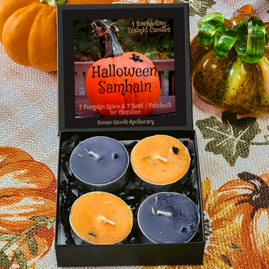 Halloween Samhain Tealight Candle Set Box of 4 Ritual Fall Candles | Wiccan Sabbat, Ancestor Remembrance Spell, Obsidian