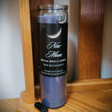 Load image into Gallery viewer, New Moon &amp; Full Moon Ritual Spell Candles w/Moonstones, Mugwort, Patchouli/ Cedar or Frankincense and Rosemary, Coconut Soy