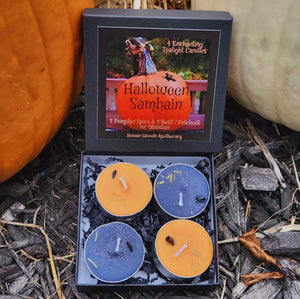 Halloween Samhain Tealight Candle Set Box of 4 Ritual Fall Candles | Wiccan Sabbat, Ancestor Remembrance Spell, Obsidian