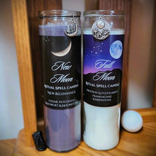 Load image into Gallery viewer, New Moon &amp; Full Moon Ritual Spell Candles w/Moonstones, Mugwort, Patchouli/ Cedar or Frankincense and Rosemary, Coconut Soy