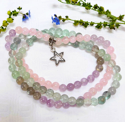 Mala Prayer Beads Amethyst Black Moonstone Green Fluorite Rose Quartz Elastic Star Charm 6mm 108 Natural Beads Protects Emotions