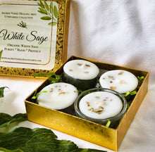 Load image into Gallery viewer, White Sage Tealight Soy Candles Box of 4 &amp; Glass Holder Organic Cleansing Clearing Purify Protection