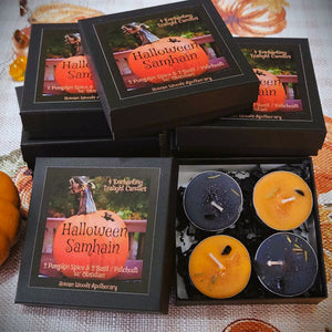 Halloween Samhain Tealight Candle Set Box of 4 Ritual Fall Candles | Wiccan Sabbat, Ancestor Remembrance Spell, Obsidian