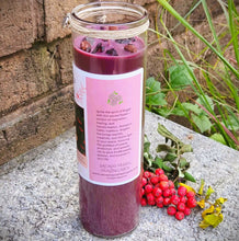 Load image into Gallery viewer, Brigid Fire Goddess Candle Elegant Coco Soy, Pomegranate, Rowan Berries, Garnet, Healing, Renewal, Witch, Triskele Charm, Rowan Twig, Celtic