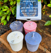 Load image into Gallery viewer, Moon Phase Soy Candles Box of 4 Votives or Tealights with Moonstone Gems &amp; Herbs New Waxing Full Waning