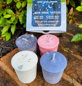 Moon Phase Soy Candles Box of 4 Votives or Tealights with Moonstone Gems & Herbs New Waxing Full Waning
