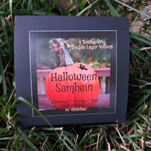 Load image into Gallery viewer, Halloween Samhain Ancestor Night Soy Votive Candles Layered Cinnamon Orange Pear &amp; Basil Patchouli w/Obsidian ~ Box of 4