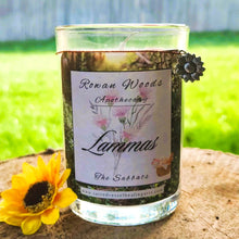 Load image into Gallery viewer, Lammas Sabbat Soy Candle 12 oz Elegant Rowan Woods Collection Druid Awen Witchy First Harvest of Grains &amp; Corn Festival Sunflower Sunstone