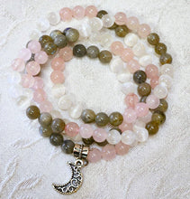Load image into Gallery viewer, Labradorite Selenite &amp; Rose Quartz Mala Prayer Beads w/Crescent Moon Charm