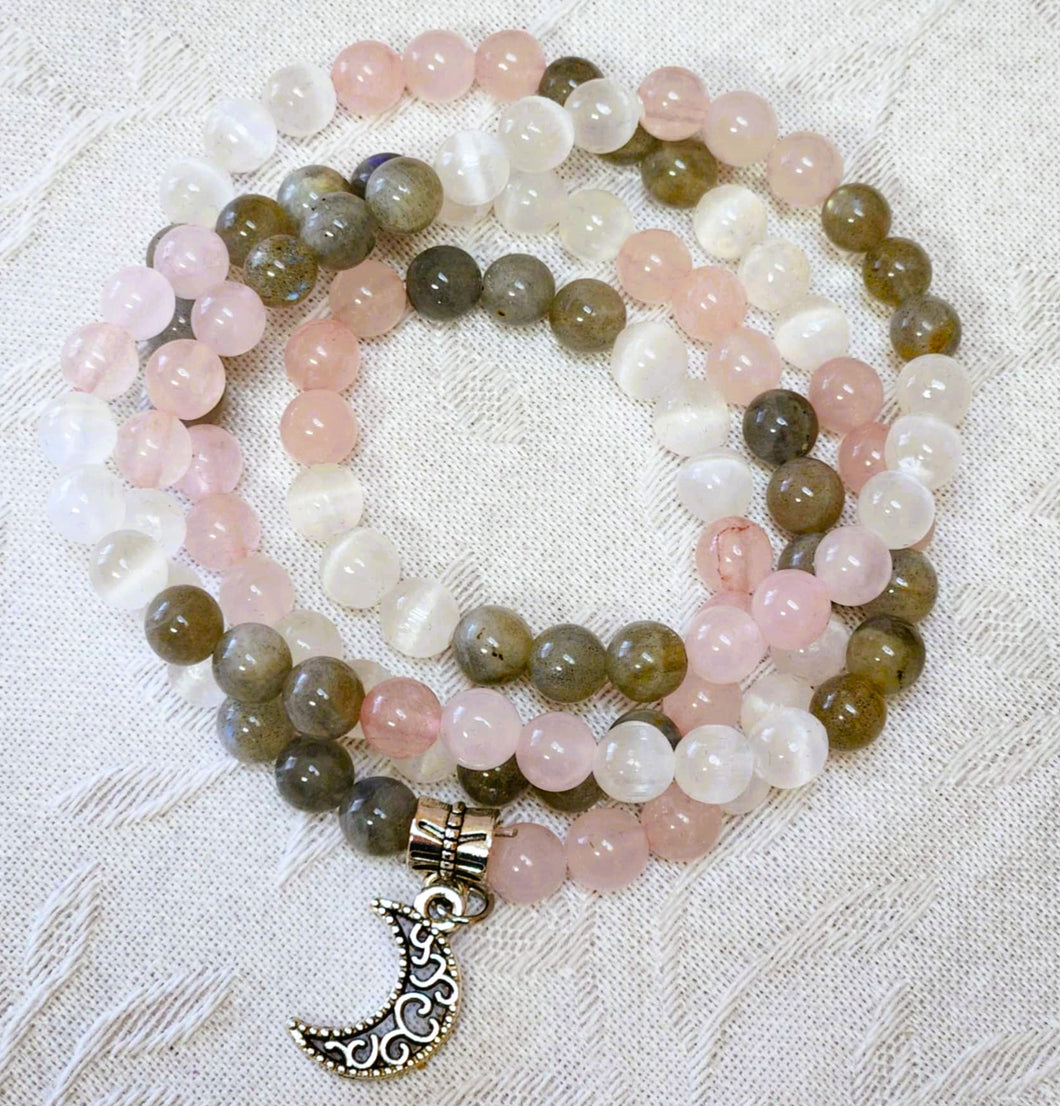 Labradorite Selenite & Rose Quartz Mala Prayer Beads w/Crescent Moon Charm