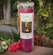 Load image into Gallery viewer, Brigid Fire Goddess Candle Elegant Coco Soy, Pomegranate, Rowan Berries, Garnet, Healing, Renewal, Witch, Triskele Charm, Rowan Twig, Celtic