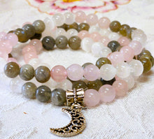 Load image into Gallery viewer, Labradorite Selenite &amp; Rose Quartz Mala Prayer Beads w/Crescent Moon Charm