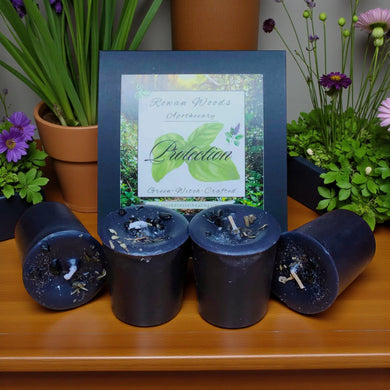 PROTECTION Votive Candles ~ Box of 4 Soy Patchouli Basil Mugwort Black Tourmaline Chips Guard & Shield Home Business Property