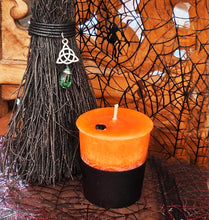 Load image into Gallery viewer, SALE ~ Halloween Samhain Votive Candles 2 Layer Cinnamon Orange Pear &amp; Basil Patchouli w/Obsidian ~ Box of 4