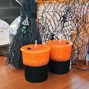 SALE ~ Halloween Samhain Votive Candles 2 Layer Cinnamon Orange Pear & Basil Patchouli w/Obsidian ~ Box of 4