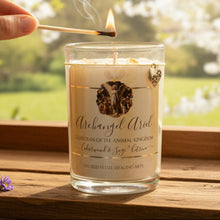 Load image into Gallery viewer, Archangel Ariel Pet Blessing or Memorial Soy Candle w/Citrine 3"x4"~ Cedar &amp; Sage with Paw Charm