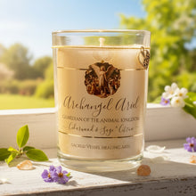 Load image into Gallery viewer, Archangel Ariel Pet Blessing or Memorial Soy Candle w/Citrine 3"x4"~ Cedar &amp; Sage with Paw Charm