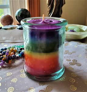 Chakra Layer Candle w/Gemstone ~ Balance ~ Meditation ~ Lovely Recycled Spanish Glass