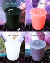 Load image into Gallery viewer, Moon Phase Votive Candles ~ Box of 4 w/ 2022 Lunar Phase Card &amp; Moonstone Chips
