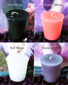 Moon Phase Votive Candles ~ Box of 4 w/ 2022 Lunar Phase Card & Moonstone Chips