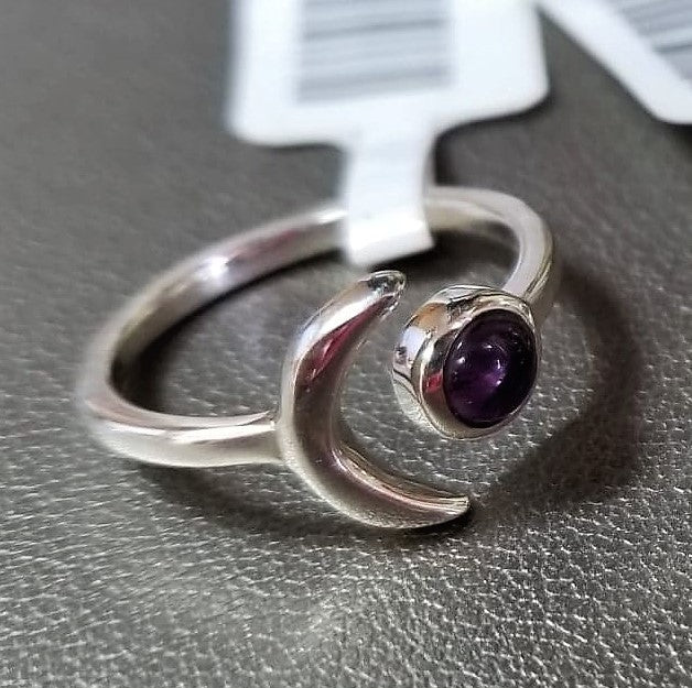 Symbolic Amethyst & Crescent Moon Sterling Silver Ring